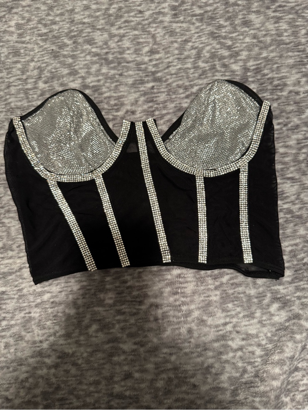 Black Embellished Bustier Crop Top with Silver Rhinestones